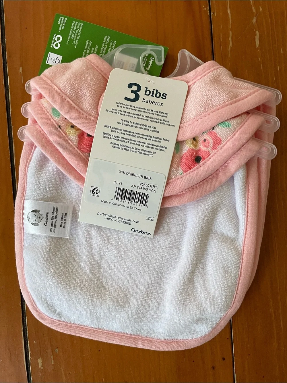Infant Pink Bibs 0-3 Months Gerber “Be Kind” floral striped. 